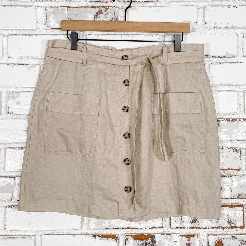 Jones & Co Tan Linen Belted Button Down Skirt with Shorts Mini Skirt Skort L